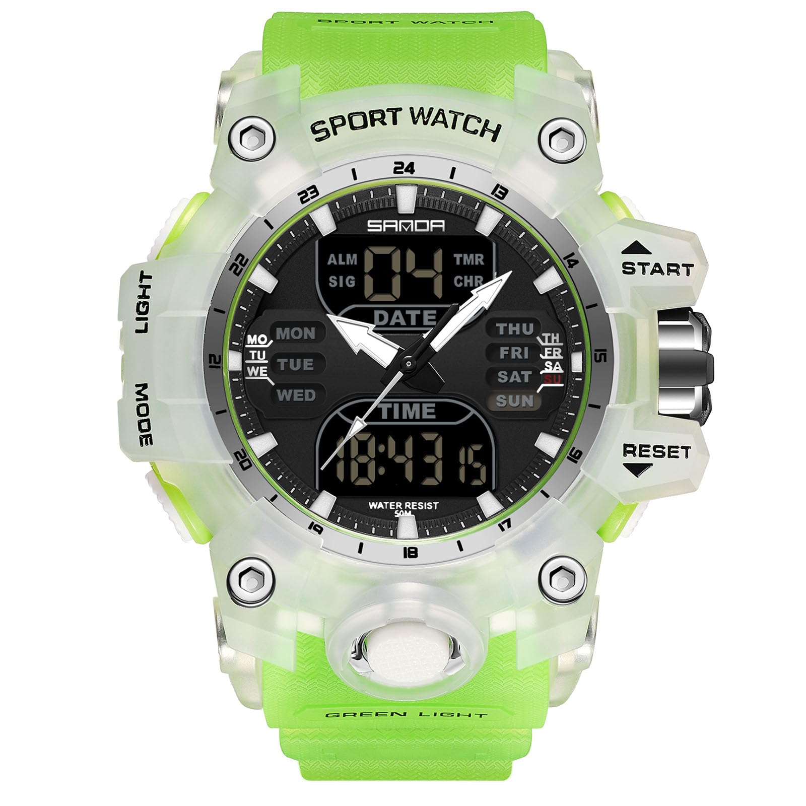 RORIOS Men's Military Wristwatch Fashion Sport Wrist Watch Multifunctional Watch Digital Watch Dual Display Watch for Boy 50M Waterproof Green