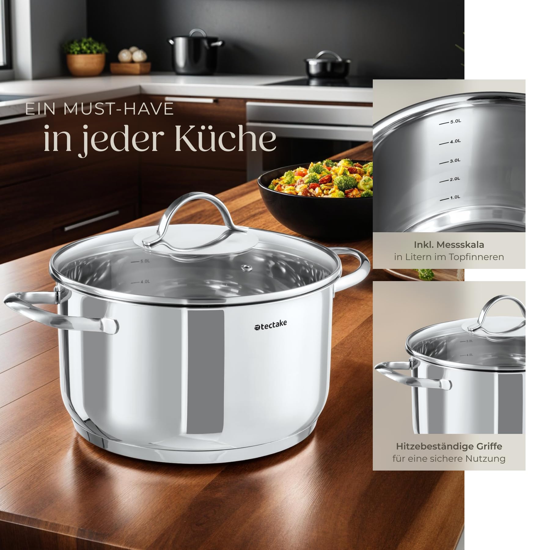 tectake® 7-tlg. Topfset, Edelstahl Kochgeschirr, Töpfe Set mit Deckel, Kochtopf Set für Induktionskochfeld, Gas- und Elektroherd geeignet, Küchensets, Topfsets für Wohnung oder Camping Geschirr