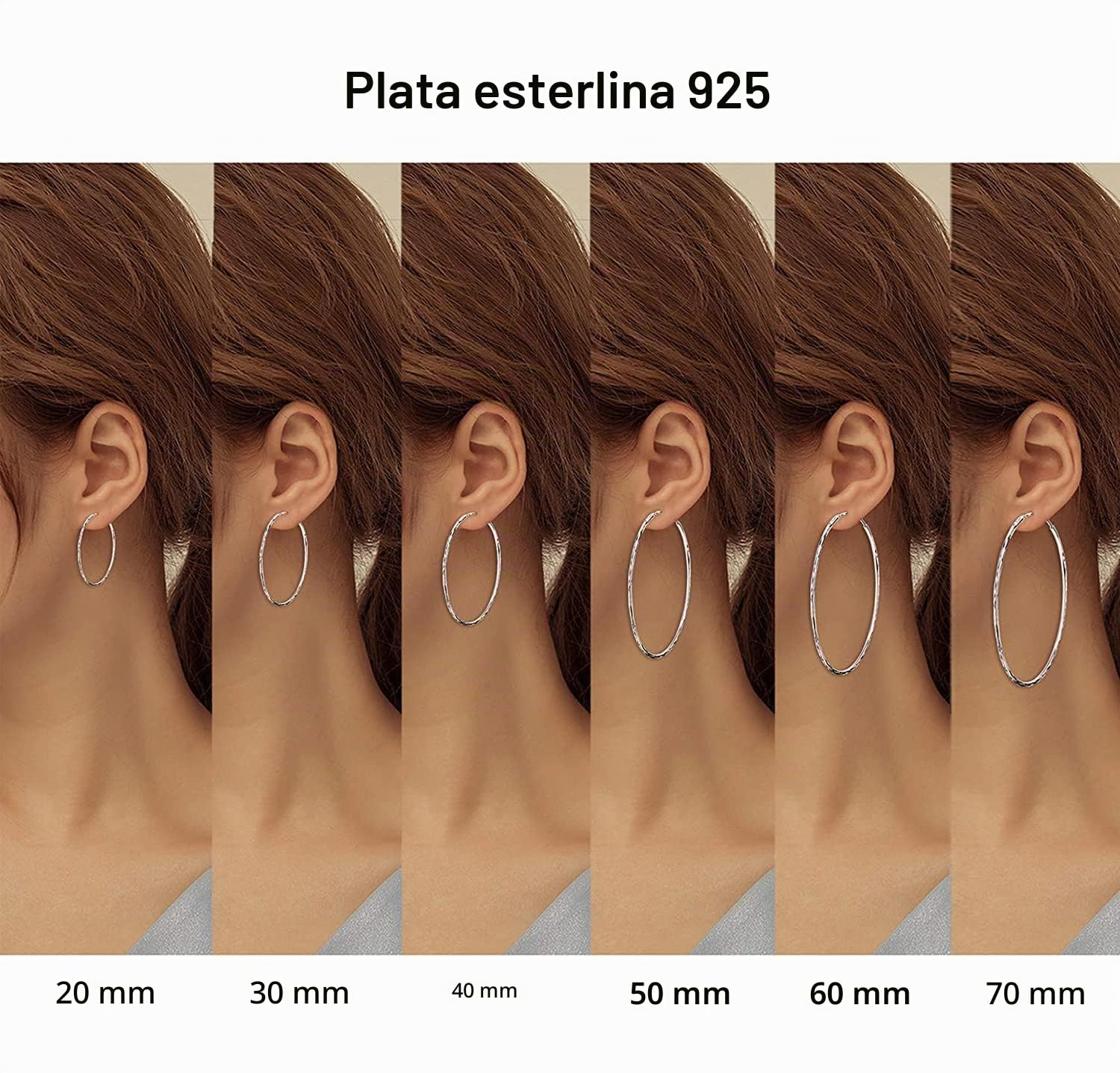 Pendientes de aro de plata de ley 925 para mujeres y niñas de 20, 30, 40, 50, 60 y 70 mm