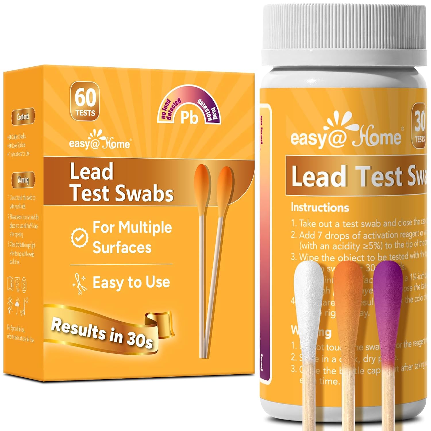 Easy@Home Lead Test Kit – 60 Rapid Swabs Without Vinegar, 30-Second Results | Surface Lead Screen for Painted Walls, Woodwork, Cabinets, Furniture, Toys, Dishes & Exposed Plumbing #EZLT-S:30