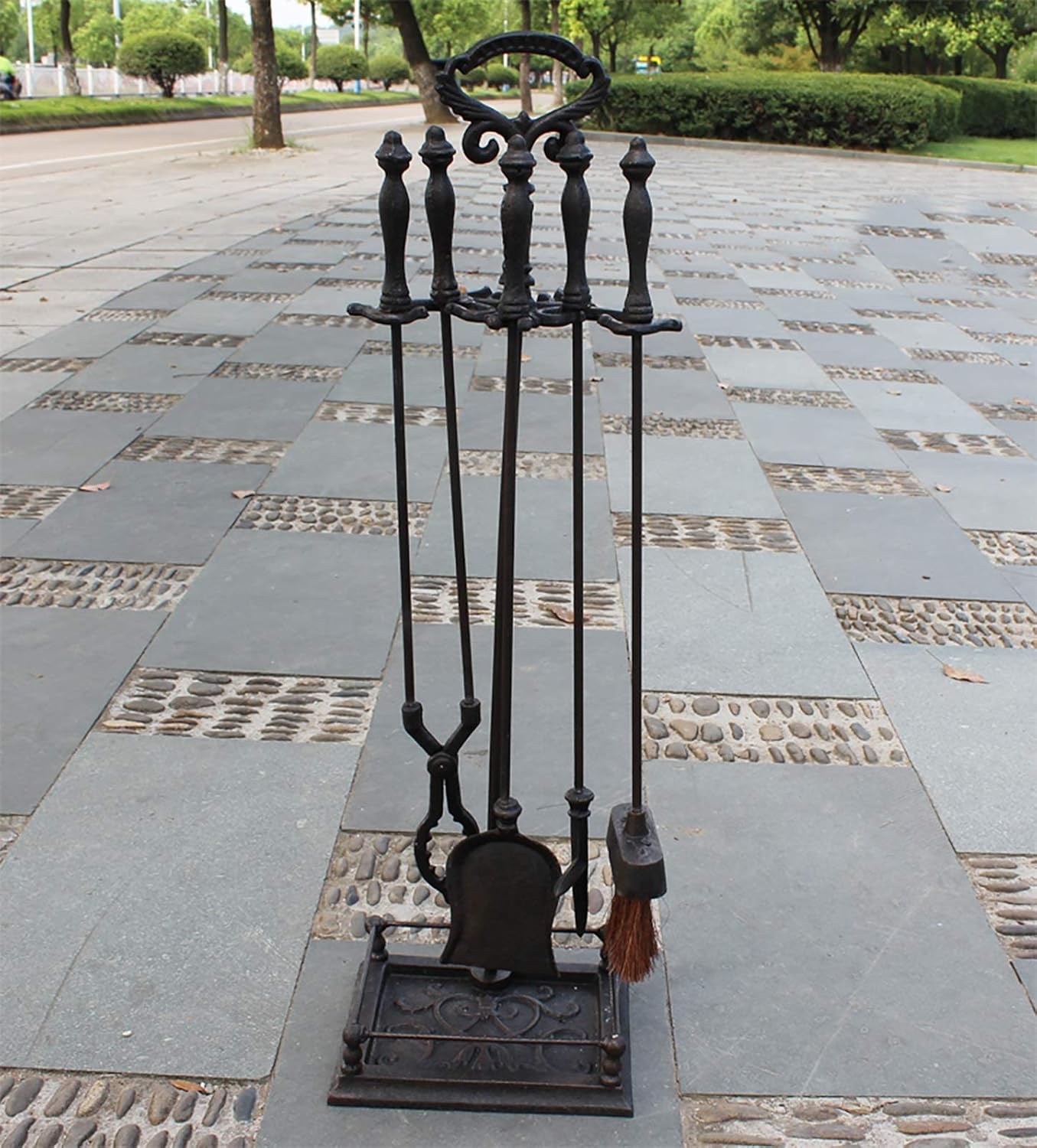 Rustic Heavy Duty 5 Pieces Fireplace Tools Set Wrought Iron Fire Place Tool Set with Shovel Brush Tongs Poker Stand - 70Cm Height