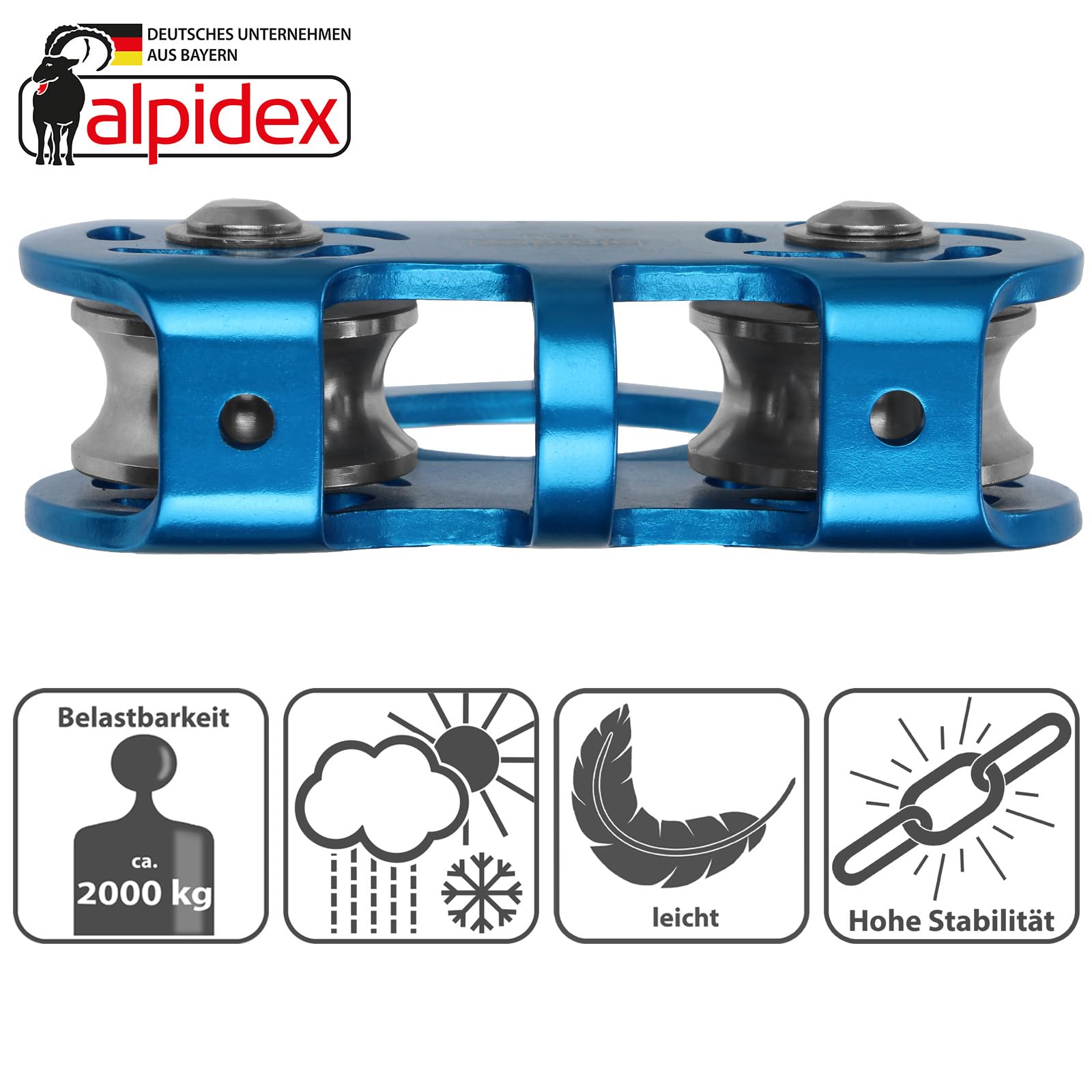 ALPIDEX Tandemrolle Seilrolle 20 kN | Umlenkrolle | Tandem Pulley | Norm EN12278 | Kugellager | Doppelte Rollen | Stahlseile bis 12 mm Ø | Textilseile bis 13 mm Ø | Doppelseilrolle - Farbe: blau