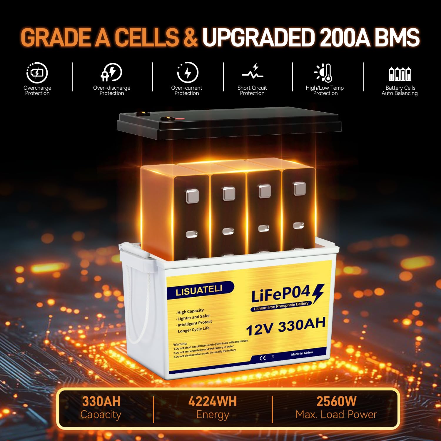 Mini batteria LiFePO4 12V 330Ah, batteria al litio a ciclo profondo con Bluetooth, BMS 200A, per applicazioni solari, camper, marine e off-grid