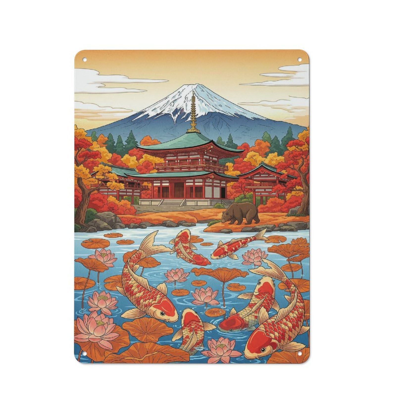 Junmoney Japanese Temple Koi Pond And Bear Tin Wall Plaque 40X30cm With For Bar Or Restaurant, Suited To Restaurant Interior Fans