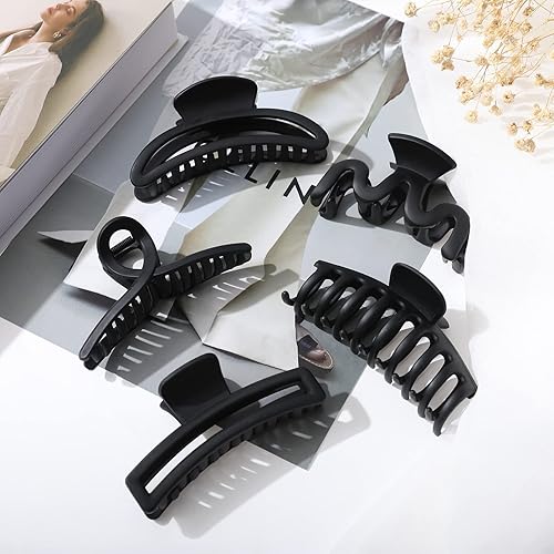 Miniatura 6 de 5 pinzas de pelo grandes para cabello grueso, pinzas de pelo grandes de plátano para mujeres, antideslizantes, de sujeción fuerte (negro mate)