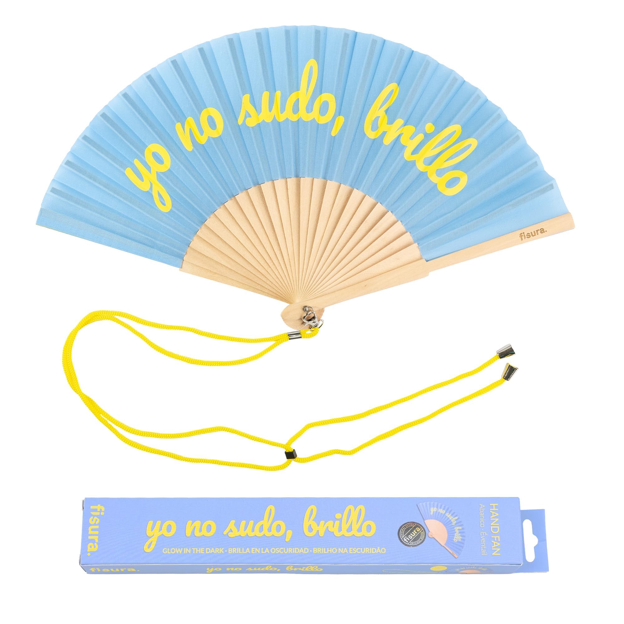 Fisura Brillo, Blue - Original Handheld Folding Fan With The Message In Spanish. Wooden Fan. Original Holding Hand Fans. Fan With Hanger Included (Brillo, Blue)