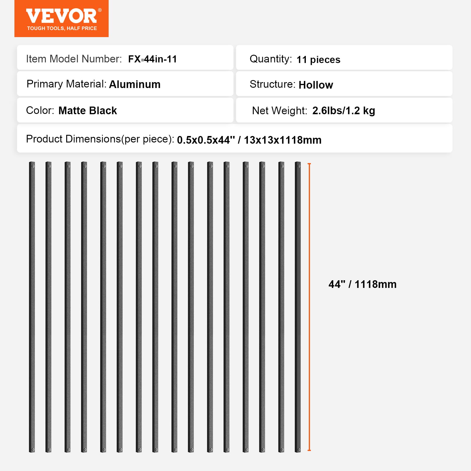 VEVOR Balaustre in Metallo per Scale 1118 x 13 mm Ringhiera Quadrata con Mandrini Lega di Alluminio, 11 Balaustre per Ponte con Viti, Ringhiera Classica Cava Dritta Verniciata a Polvere Nera Satinata