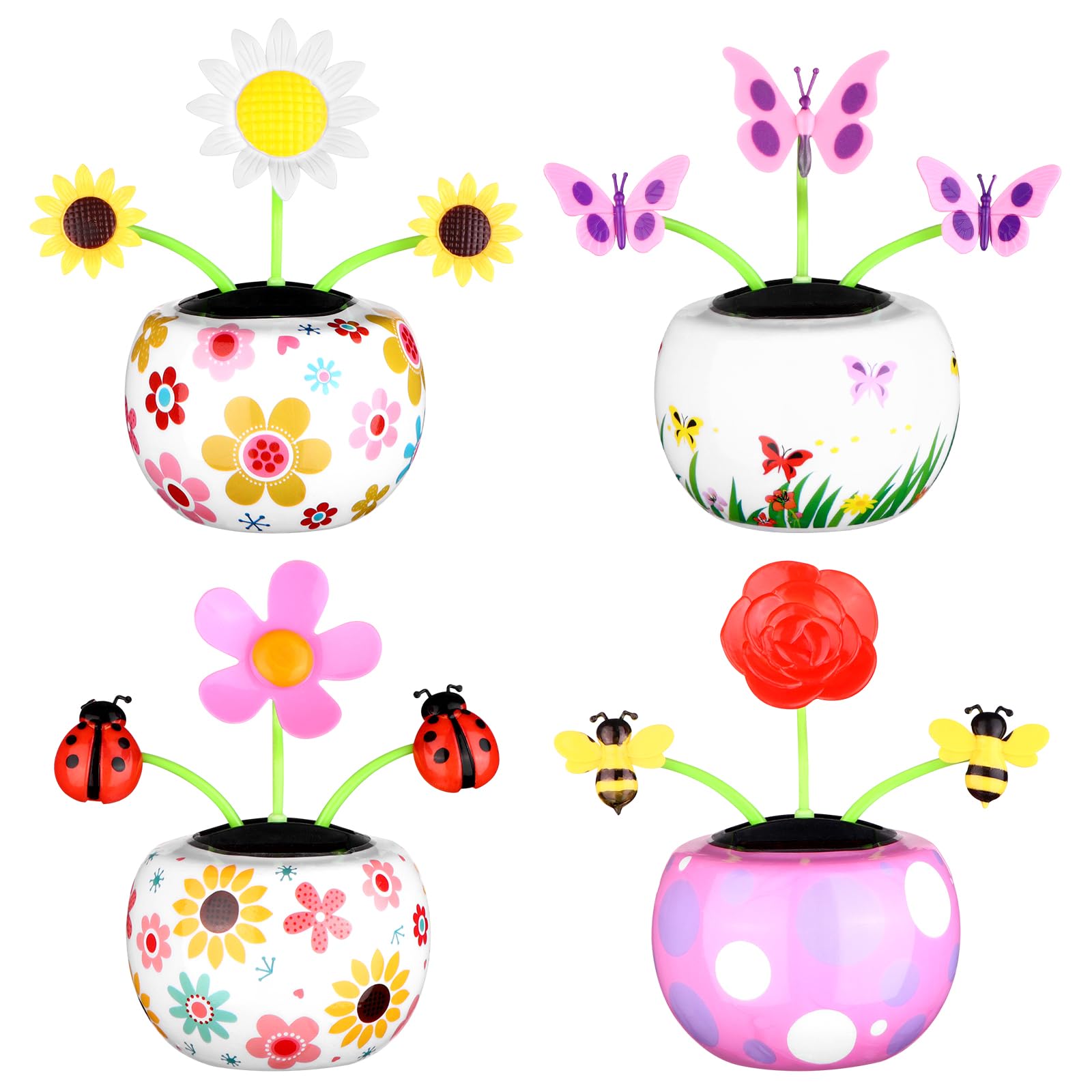 4 Pcs Solar Powered Dancing Toy Solar Dancer Figure SunFlower in Colorful Pots Swinging Insect Flip Flap Animated Bobblehead Dancer Window Sun Catcher Car Dashboard Decor Car Swinging Dancing Toy