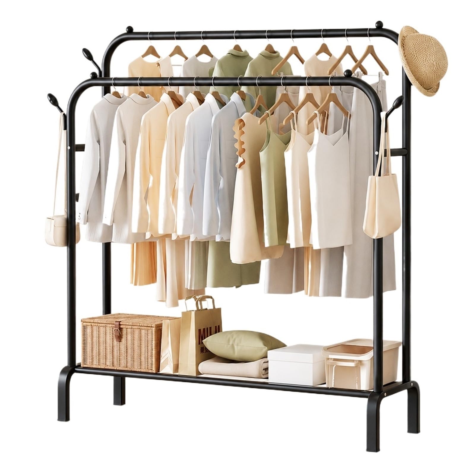 Burro Ropa Resistente, Perchero Burro Doble con Zapatero y 4 Ganchos Laterales, Perchero de Pie en Metal Negro, Carga 90 kg para Dormitorio, Vestidor, Entrada(Black,130cm/51.2 in)