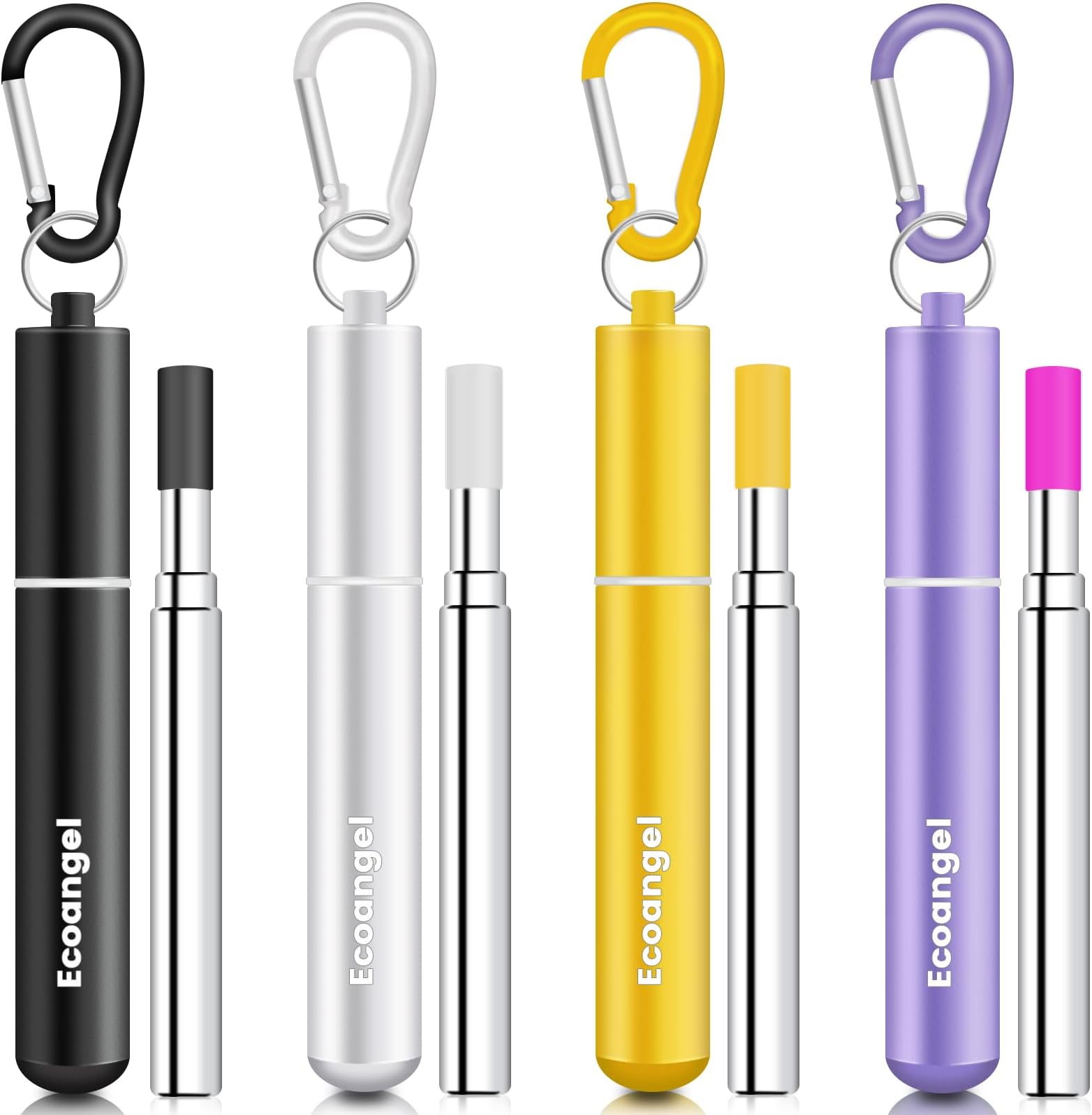 Ecoangel Cruise Ship Essentials,4-Pack reusable Collapsible Stainless Steel Drinking Straws with Aluminum Case,Cleaning Brush,and Keychains （Black & silver & purple & gold）