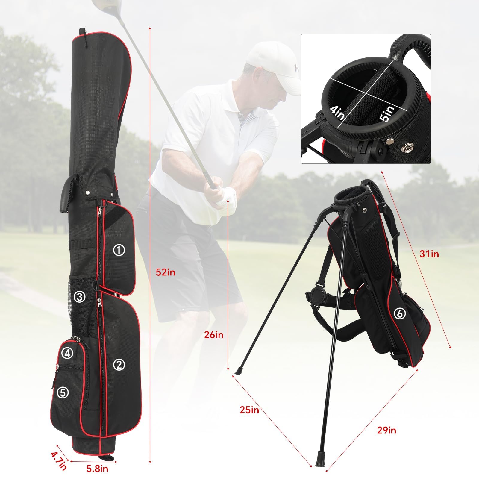 Sunday Golf Bag- Dual Strap Golf Stand Bag with 6 Pockets, Lightweight Small Golf Bag for a Few Clubs and Rain Cover Hood