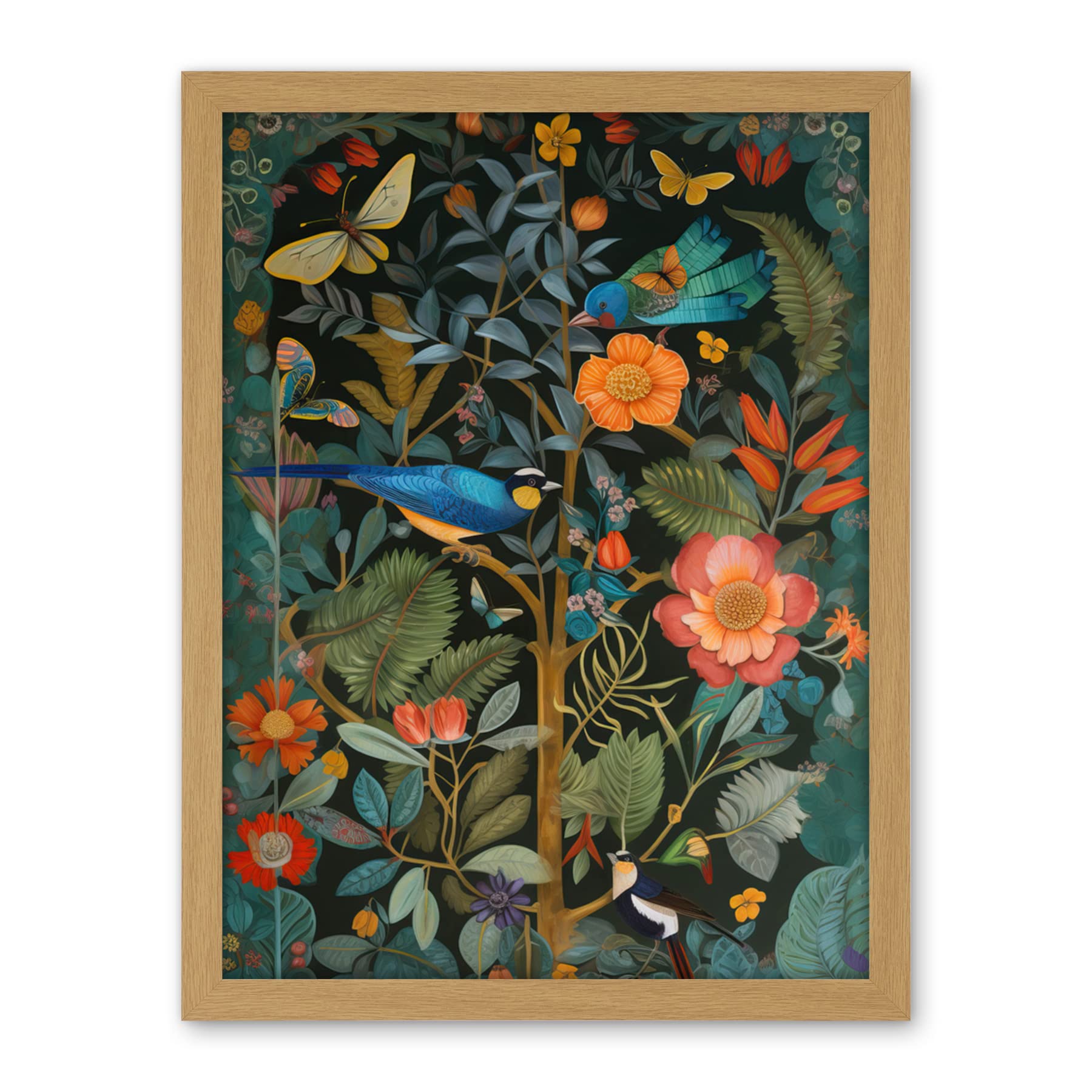 Artery8 Birds and Butterflies Modern Flower Art Nouveau Artwork Framed Wall Art Print 18X24 Inch
