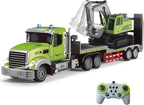 112 RC Semi Truck with Excavator for Adult, Metal bucket, One Remote