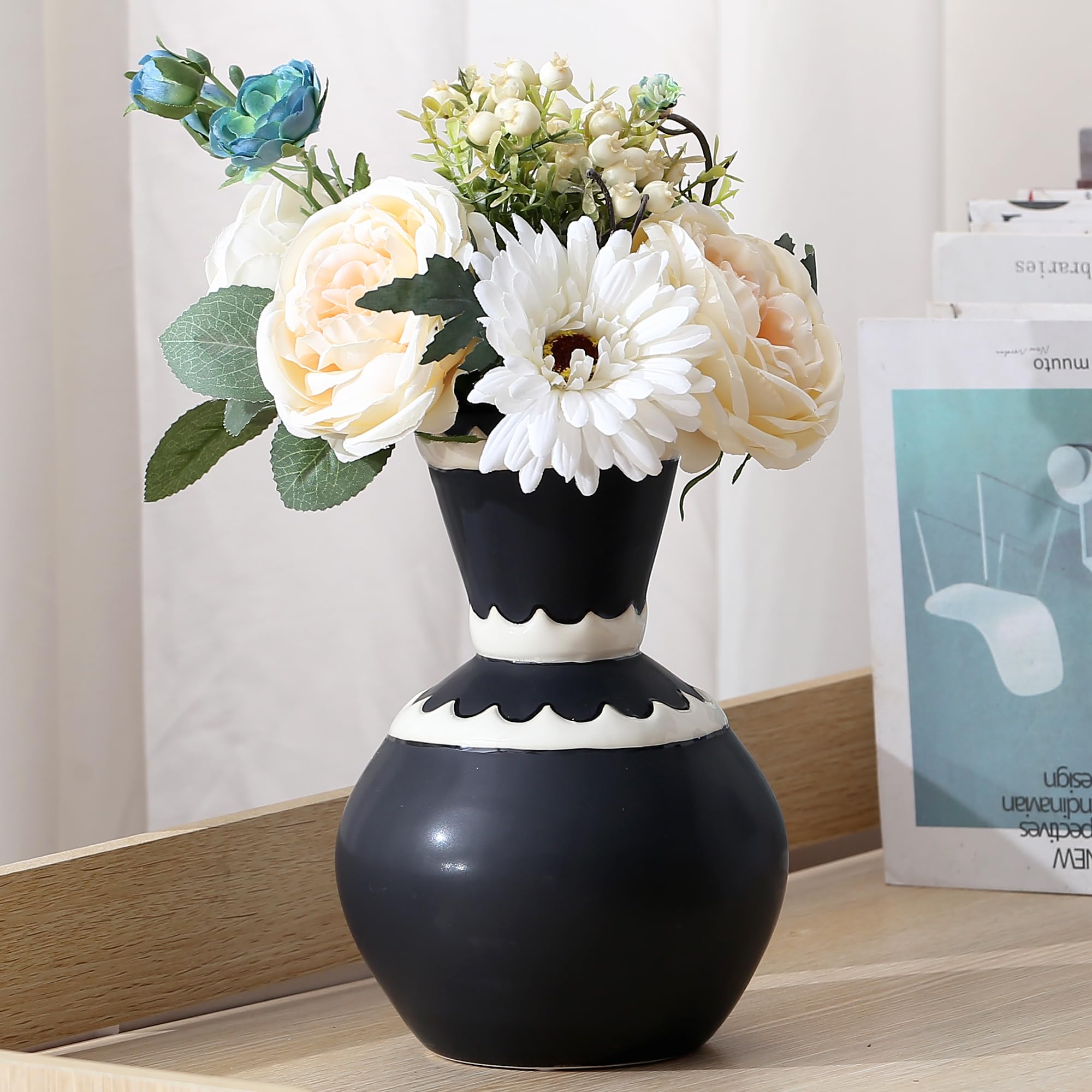 Rustikale Keramikvase Schwarz – Große Bodenvase, 33,8 Cm Hoch – Für Wohnzimmer, Eingang Oder Als Geschenk