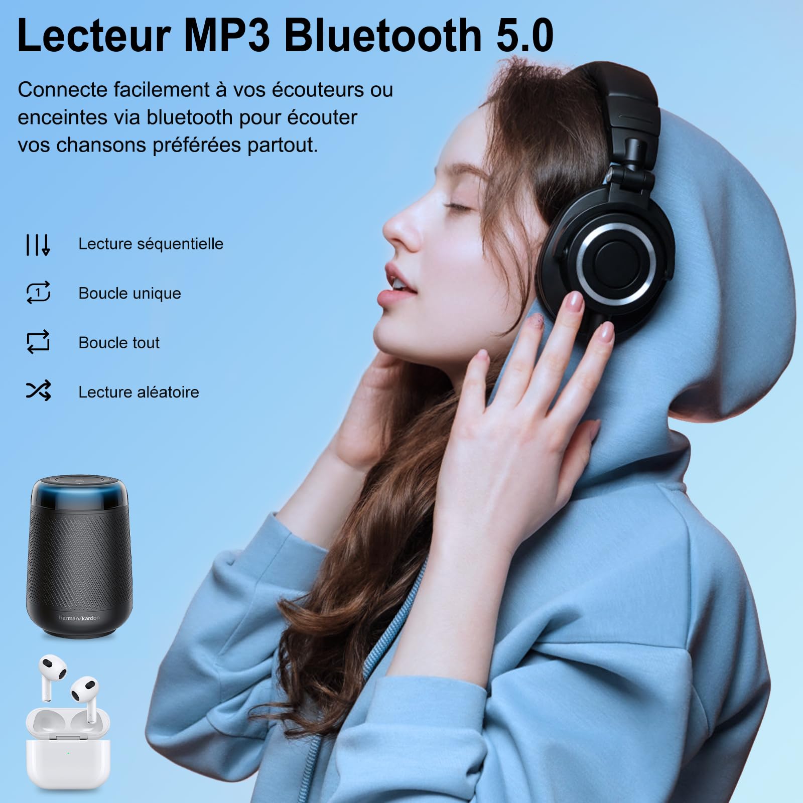 64Go MP3 Bluetooth 5.0 avec Haut-Parleur, Lecteur MP3 en Qualité Sonore HiFi Audio MP4 Baladeur Sport avec Écouteurs, Volume Indépendant, Radio FM, Enregistreur Vocal, Prend en Charge Jusqu'à 128 Go