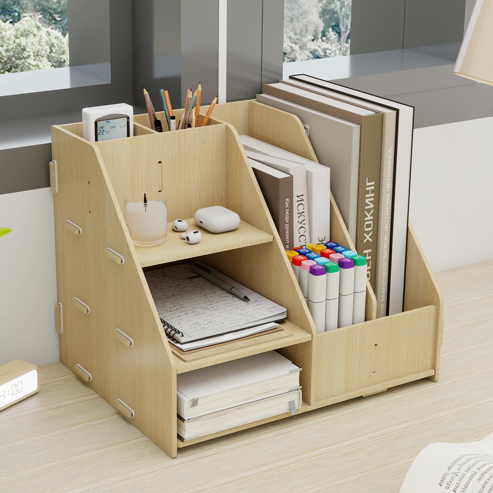PUNCIA Organizador Escritorio Sobremesa de Madera con Revistero 3 Bandeja Escritorio con Portalápices Estante de Almacenaje Multifuncional para Material Documentos Oficina Escuela