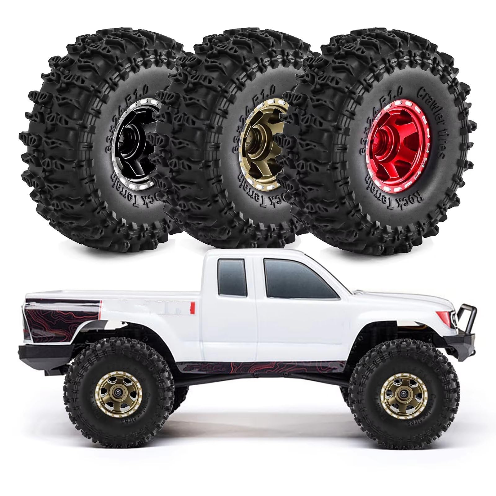 Part Pneumatico Ruota Per Axial Per Gladiator Per Bronco C10 1/24 | Modifica Set Pneumatici Ruote Beadlock RC Car con Cerchi Lega Leggera per Mini Arrampicata su Rocce(Red)