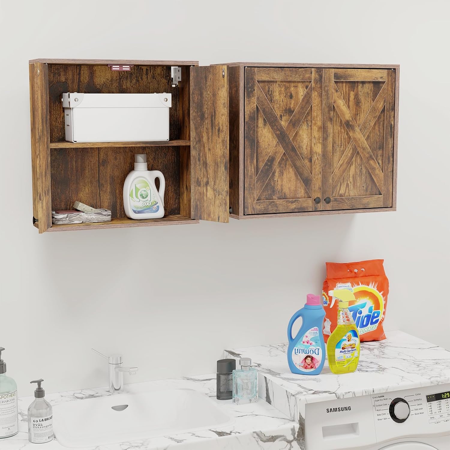 YOURLITE Laundry Cabinet, Medicine Cabinet, Bathroom Kitchen Storage Wall Mounted Farmhouse Organizer with Shelves Over Toilet, One Set of 2 Pieces X 24"