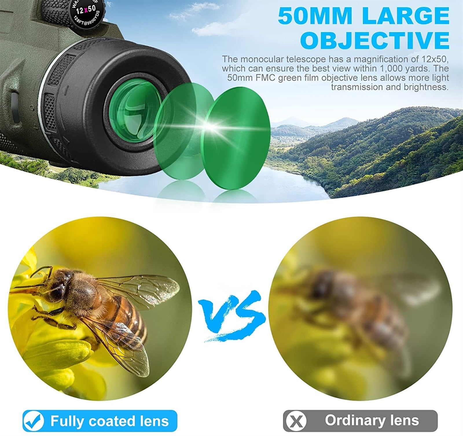 Telescopio Monocular 12X50, cámara de teléfono, Gran Aumento, HD, visión Nocturna, telescopio portátil con Soporte for teléfono Inteligente, trípode