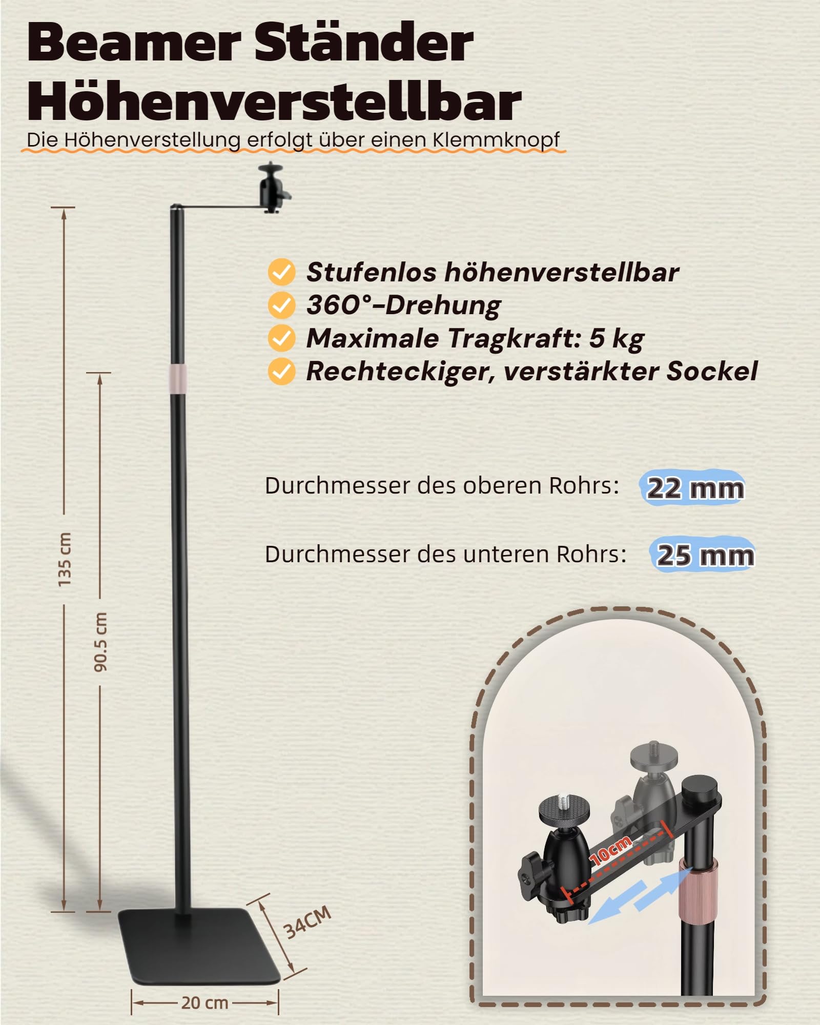 Beamer Ständer Höhenverstellbar 360° Schwenkbar Bodenständer, Projektor Halterung, Versteckt, Für Heimkino, Spielzimmer und Büro
