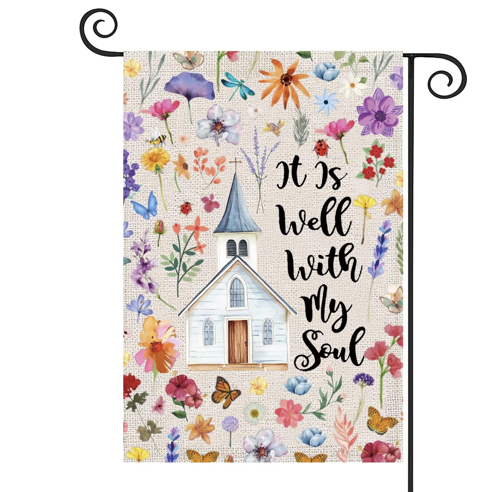 Christian Floral Garden Flag Bible Verse Outdoor Porch Decor Itโs Well With My Soul Yarn Flag Botanical Banner (Soul Flag)