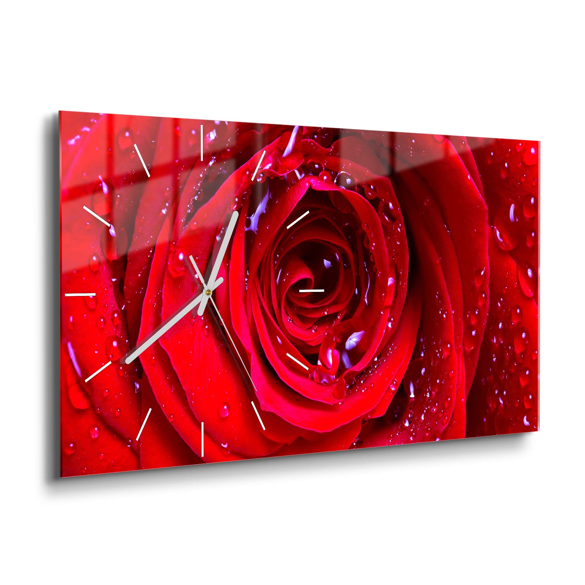 DEQORI Szklany zegar | pionowy 60 x 30 cm | motyw róży z perłami wodnymi | duży zegar XXL ze szkła | cichy zegar ścienny do salonu i kuchni | nowoczesny zegar na ścianę