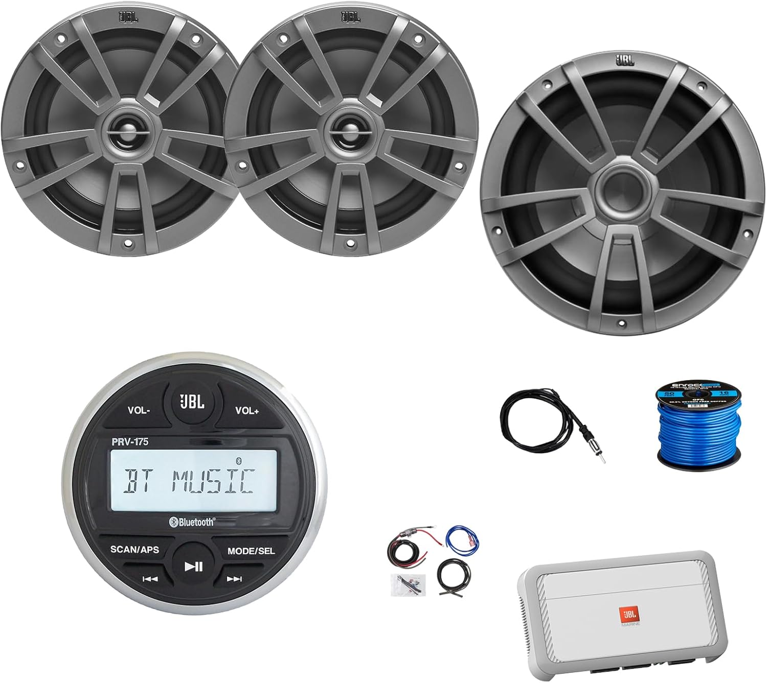 Marine Gauge Style Bluetooth AM/FM Receiver, 4X 6.5 180 Watt 2-Way Multi-Element Audio Speakers (Gray), Wire, Antenna, 10" Subwoofer, 4-Channel Amplifier w/Kit