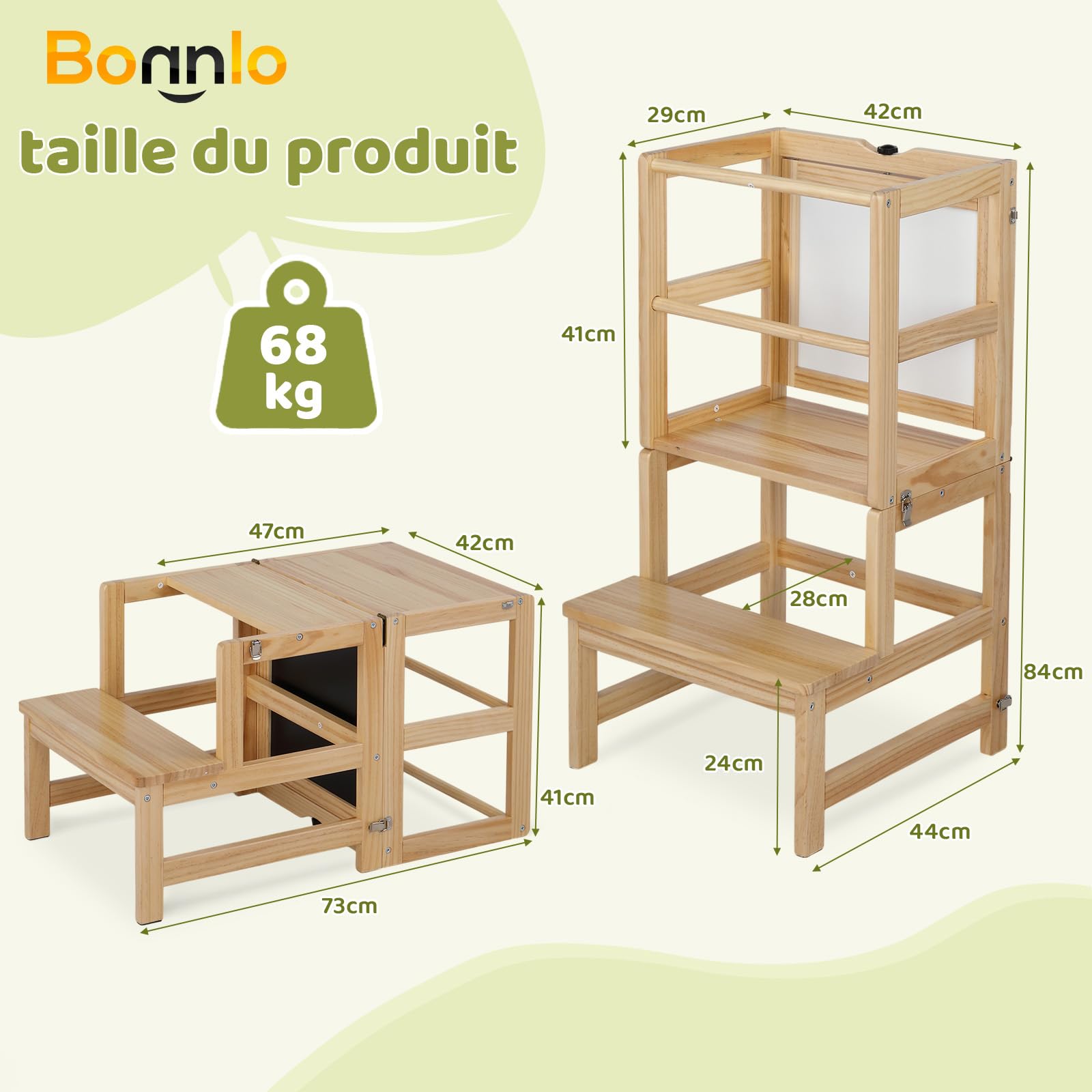 Tour d'Observation Enfant Bonnlo, Tour d'Apprentissage en Bois Montessori pour Enfants à partir de 18 Mois (Nature)