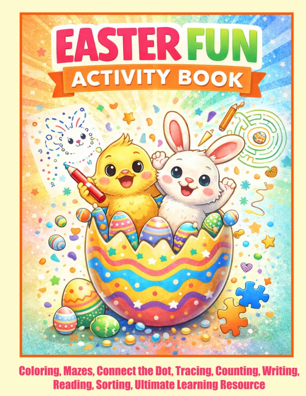 Fun Easter Activity Book for Kids | Easter Basket Stuffer Gift: Coloring, Mazes, Connect the Dot, Tracing, Counting, Writing, Reading, Sorting, Ultimate Learning Book