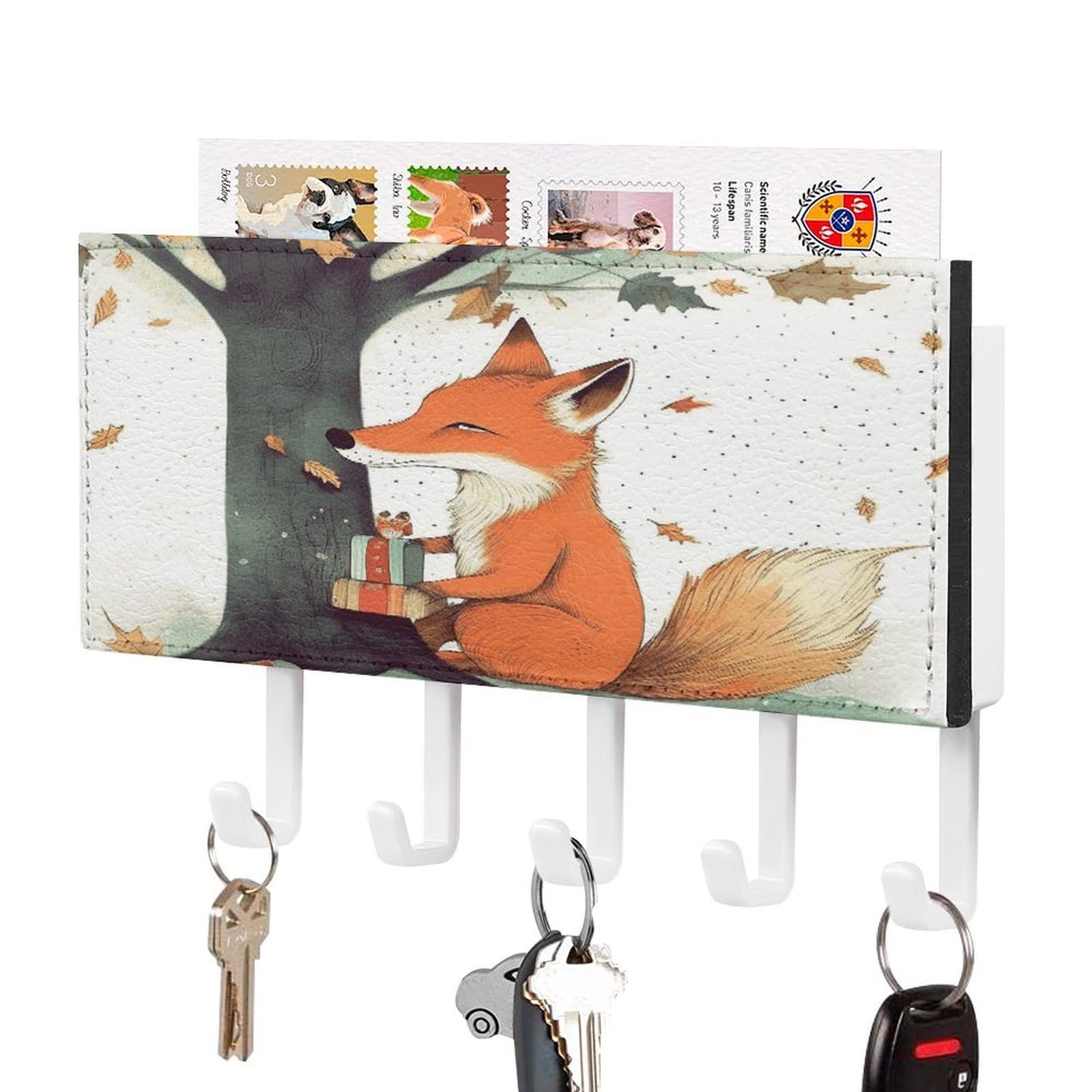 FekiLoot Fox Under The Tree Key Holder Wall Mount Key Hanger with 5 Hooks Decorative Key Rack Hanging Key Hooks with Mail Organizer Key Holder for Wall Living Room Kitchen Bathroom Hallway White