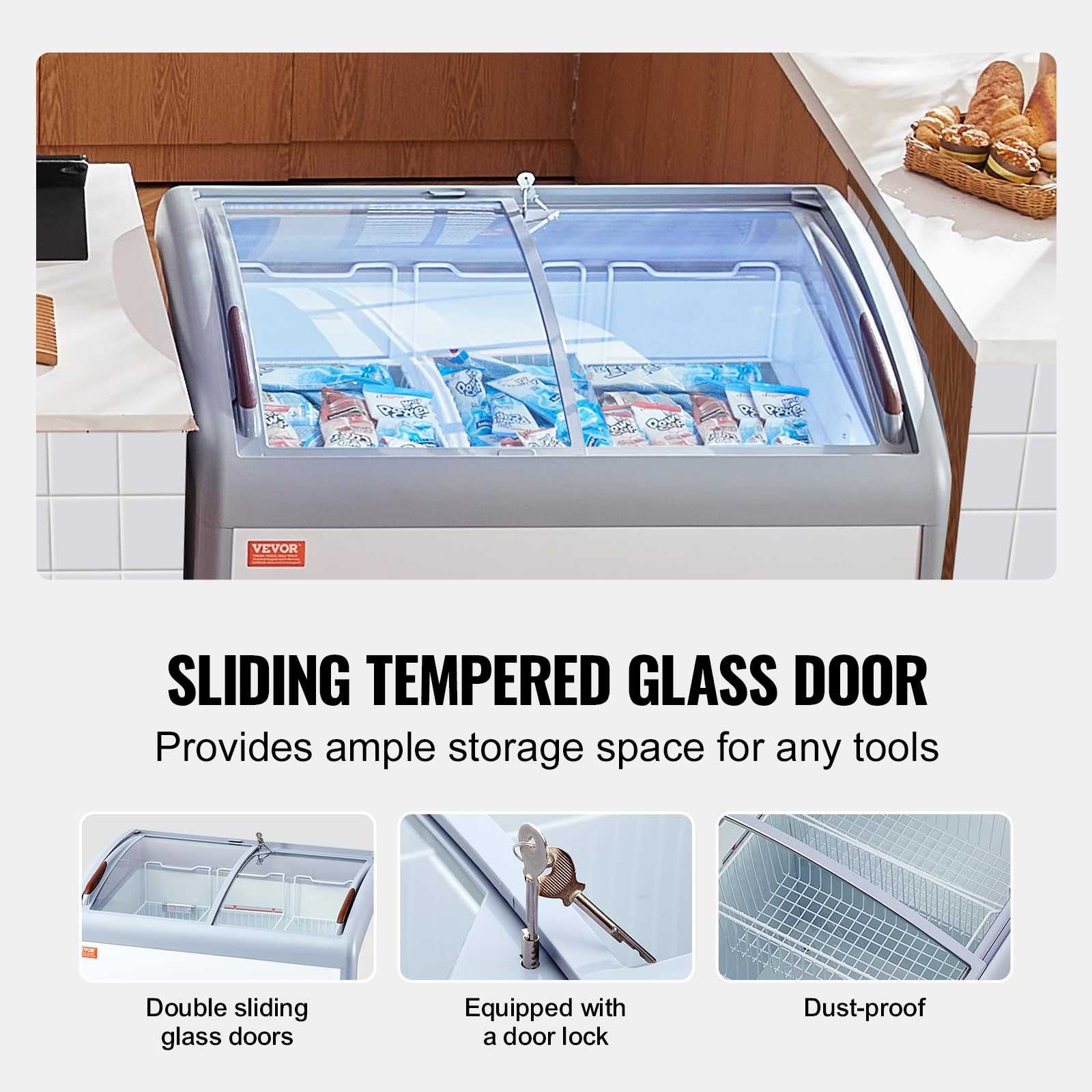 VEVOR Vetrina per Gelato Commerciale 990 x 705 x 875 mm Congelatore Mobile 264 L Vetrina per Gelateria con Piano Vetro, 3 Cestelli Metallici, 2 Porte Scorrevoli in Vetro, Ruote di Bloccaggio, Bianco