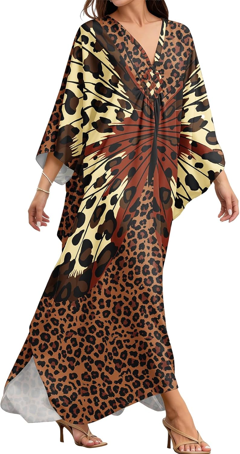 MAKABO Kaftan Dresses for Women V Neck Moo Moos Colorful Print Cover Ups | 100% Viscose Soft Skin Friendly, Breathable, Caftan Beach Dresses for Swimwear, Multi Pattern, Great Party Choice