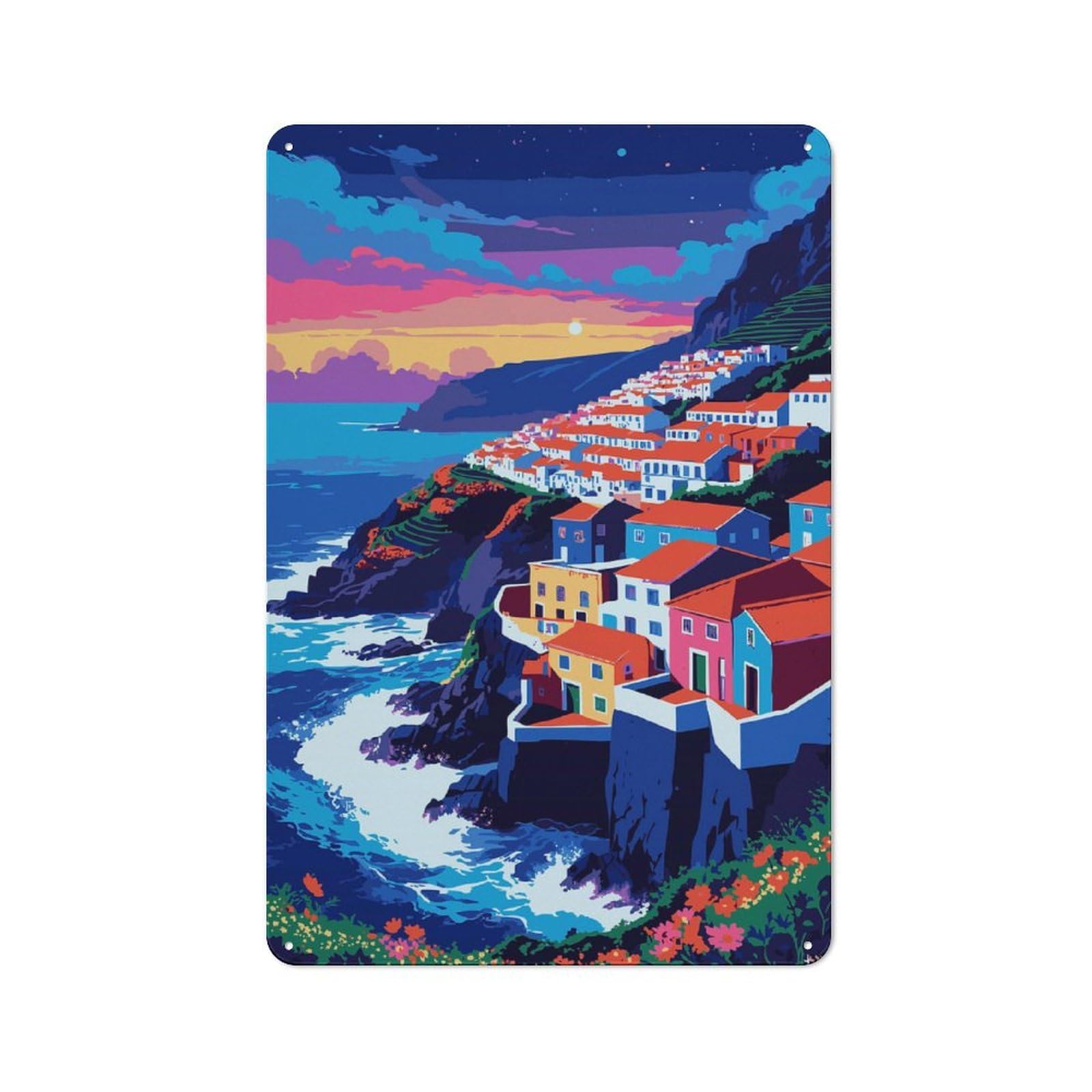 Junmoney Style-10 Tin Wall Plaque 30X20cm With Coastal Village At Sunset Illustration For Home Office Or Studio, For Garage, Workshop And Man Cave Decoration