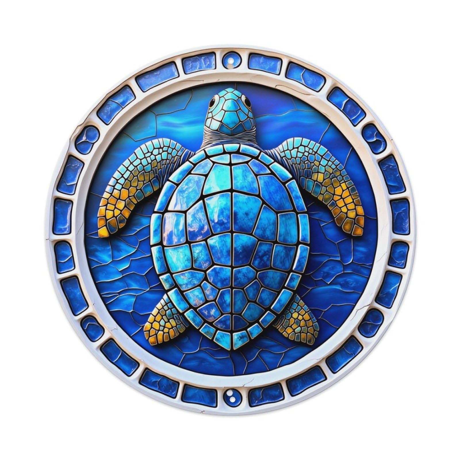 Blue Turtle Mosaic Pattern Art Round Tin Sign Retro Metal Sign for Cafe Bar Pub Home Game Room Gym Club Wall Decoration Vintage Metal Poster 8x8 Inch