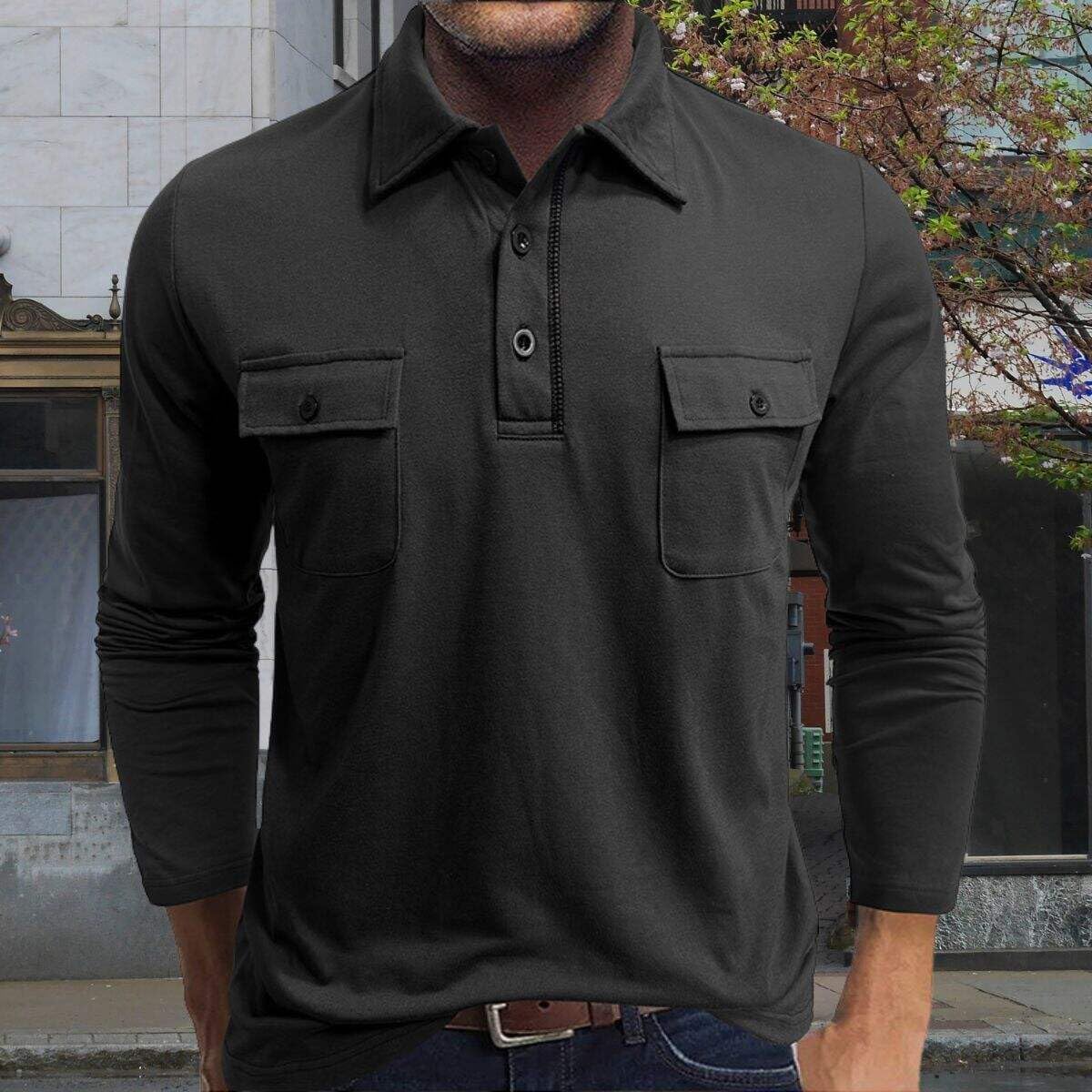 YABTF Long Sleeve Polo Shirts for Men Cotton Basic Solid Color Golf Shirt Button Collared Work Shirts with Pockets