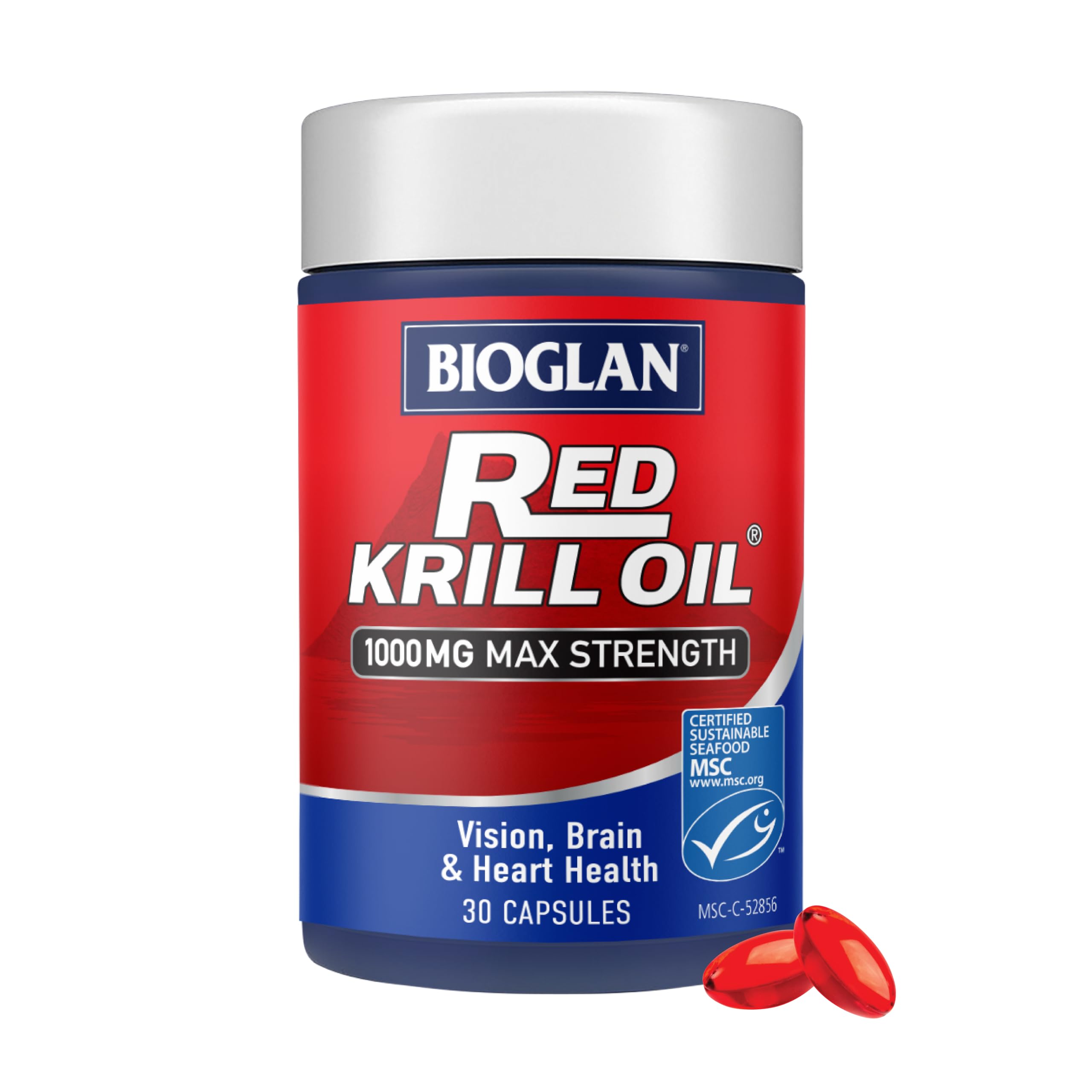 Bioglan Red Krill Oil Max Strength 1000 mg high in Omega-3 Fish Oil, EPA & DHA Help to Support Your Heart, Eye and Brain Health, One Month Supply – 30 Count