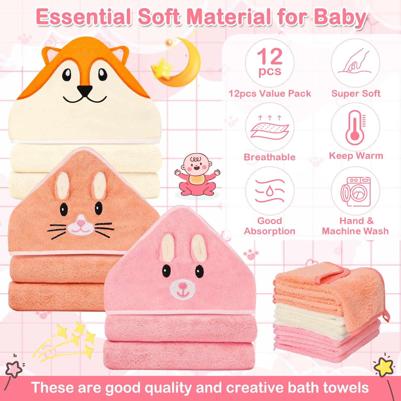 Sublaga 78,9 x 78,9 cm Baby-Kapuzenhandtücher, 9-teiliges Bad für Mädchen, Waschlappen-Set mit niedlichem Design, Duschtuch, Geschenk für Neugeborene, Säuglinge und Kleinkinder