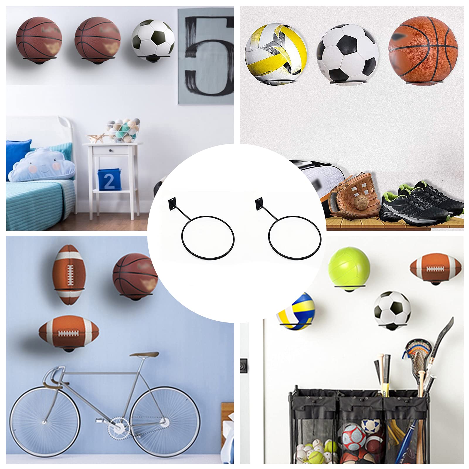 HTRTRR 4 Soportes Para Balones De Pared, Soporte Para Balones De Baloncesto De Pared De Metal, Soporte De Pared Para Baloncesto, Fútbol, Voleibol, Rugby, Expositor De Balones Con 12 Tornillos