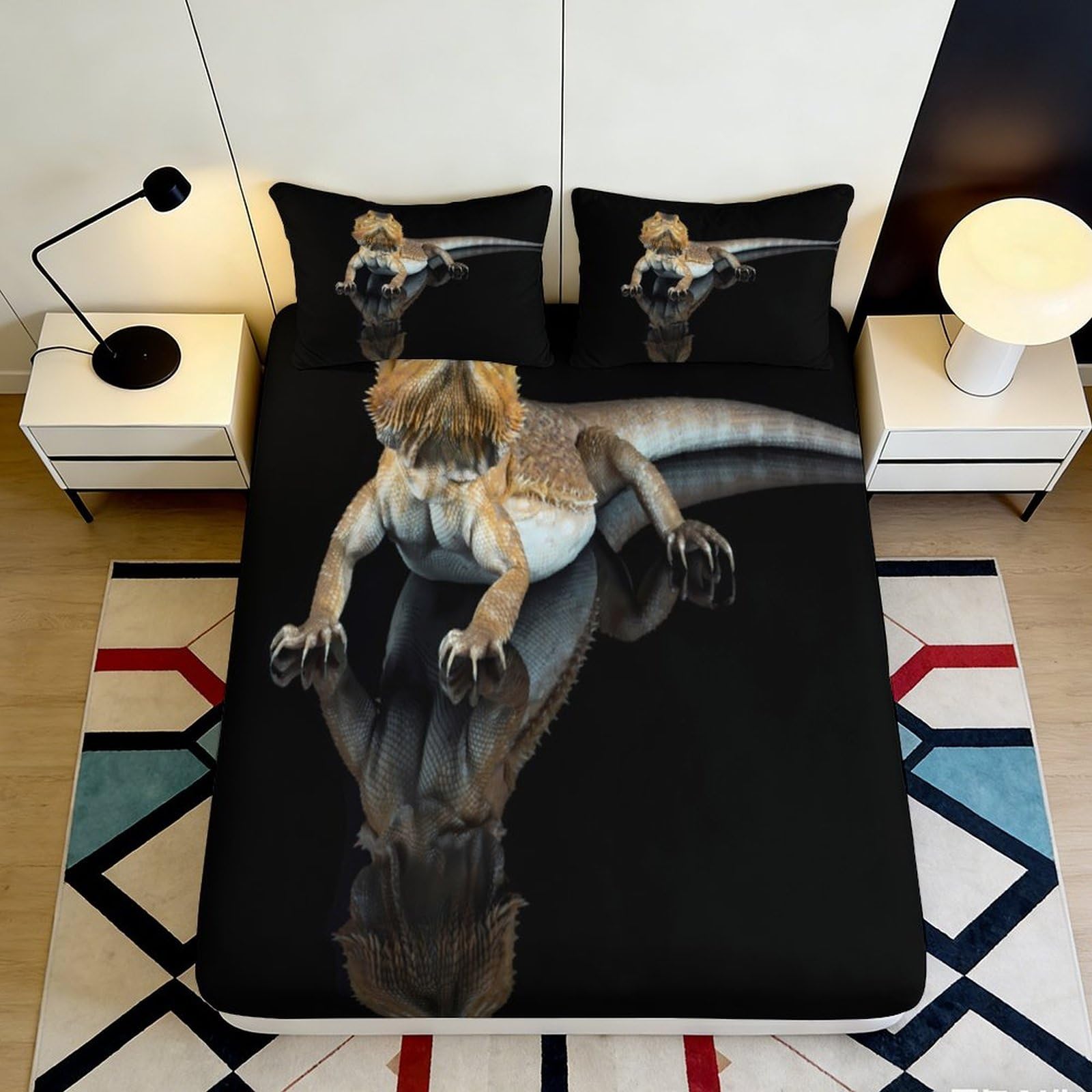 3D Printed Lizard Reflection Fitted Sheet Microfiber Soft Breathable Reptile Bed Cover for Bedroom Dorm Mattress Protection Decor 180x200x25cm
