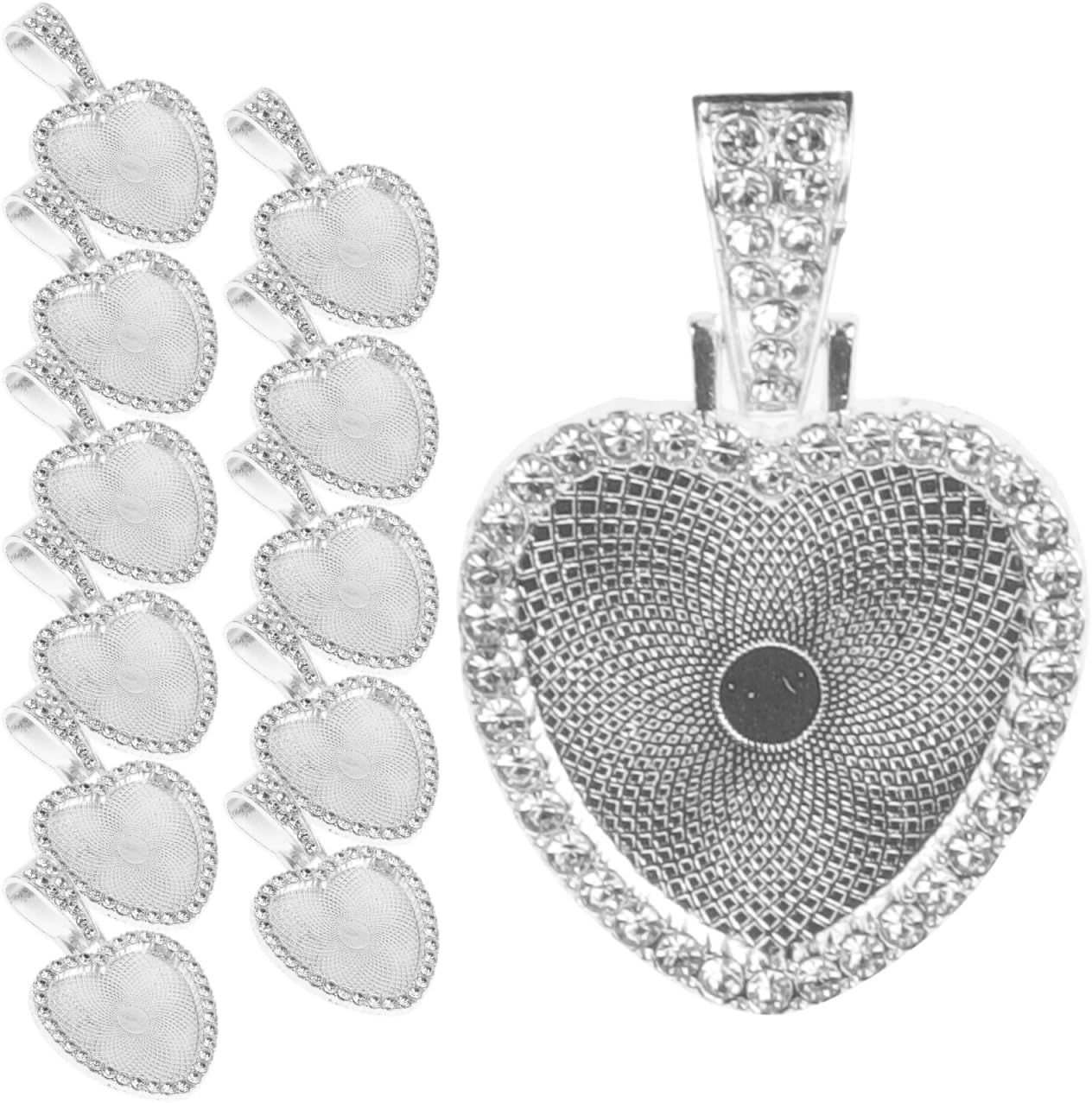 SEWACC Rhinestone Bezel Pendant Trays Set 12 Sets Heart Shaped Pendant Trays Bezels with Glass Cabochons for Photo Sublimation Craft Jewelry Making