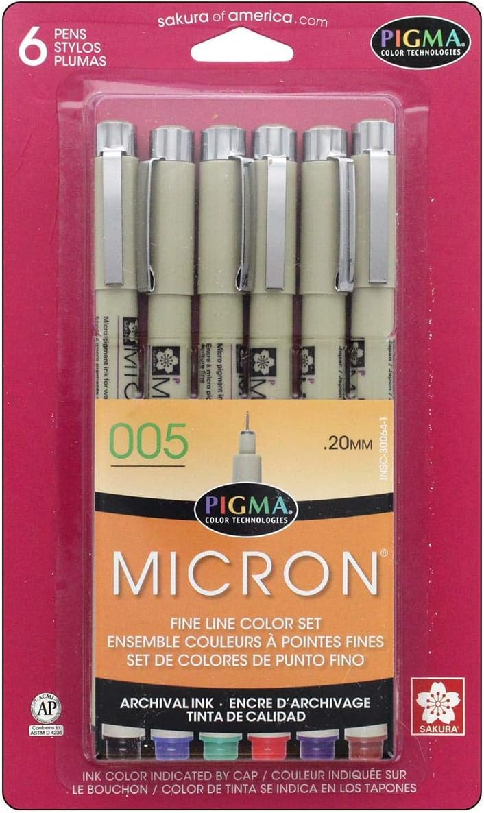 Sakura NOM328088 Pigma Micron Pen Set #005 0.2mm, 6 Per Pack, Black, Red, Blue, Green, Brown, Purple