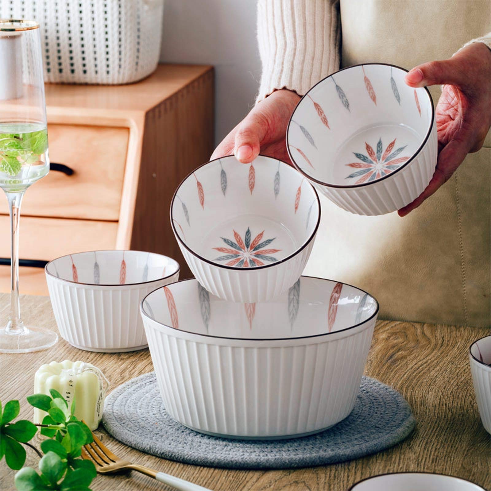 Zastawa obiadowa na imprezę Zestaw zastawy kuchennej, ceramiczne zestawy obiadowe, 54 sztuki Pionowe linie Miska na płatki zbożowe i zestaw talerzy do steków