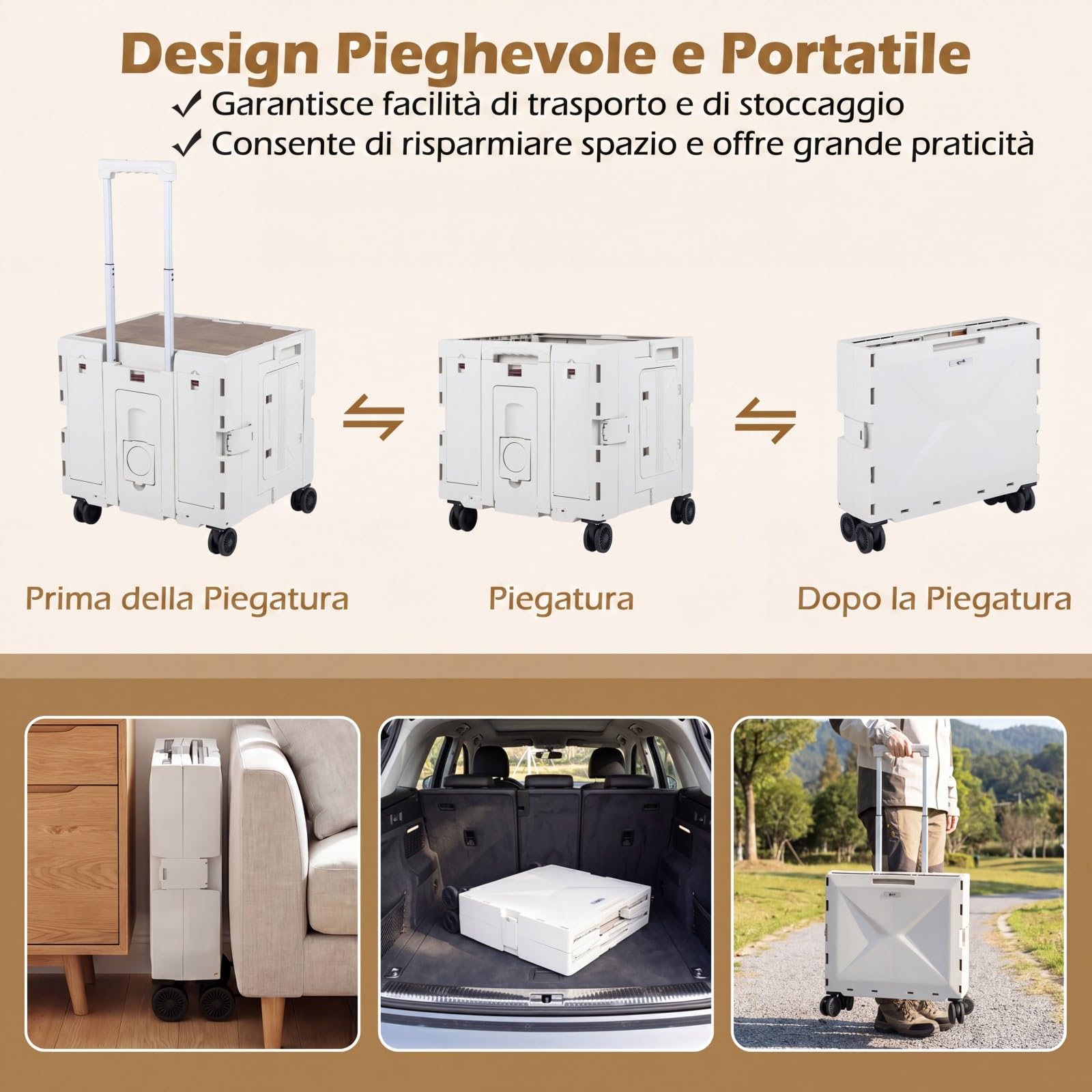 COSTWAY Carrello Spesa con 4 Ruote, 75 L, Carrellino Pieghevole con Manico Telescopico e Regolabile e Coperchio, Trolley Portatutto per Shopping, Campeggio, Picnic e Attrezzi