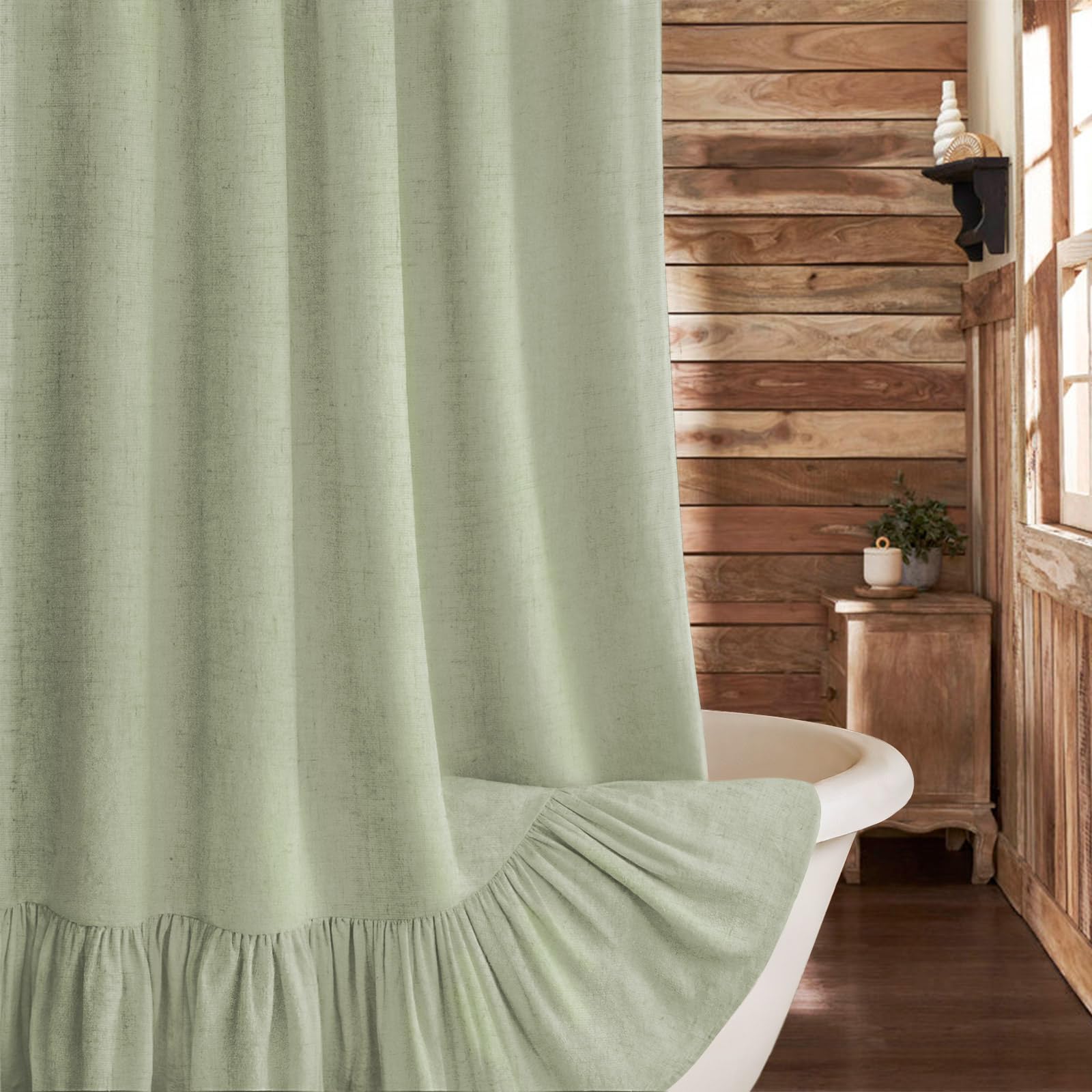 XOGUIBO Farmhouse Shower Curtain Ruffle Linen Flax Green 72" W x 84" L