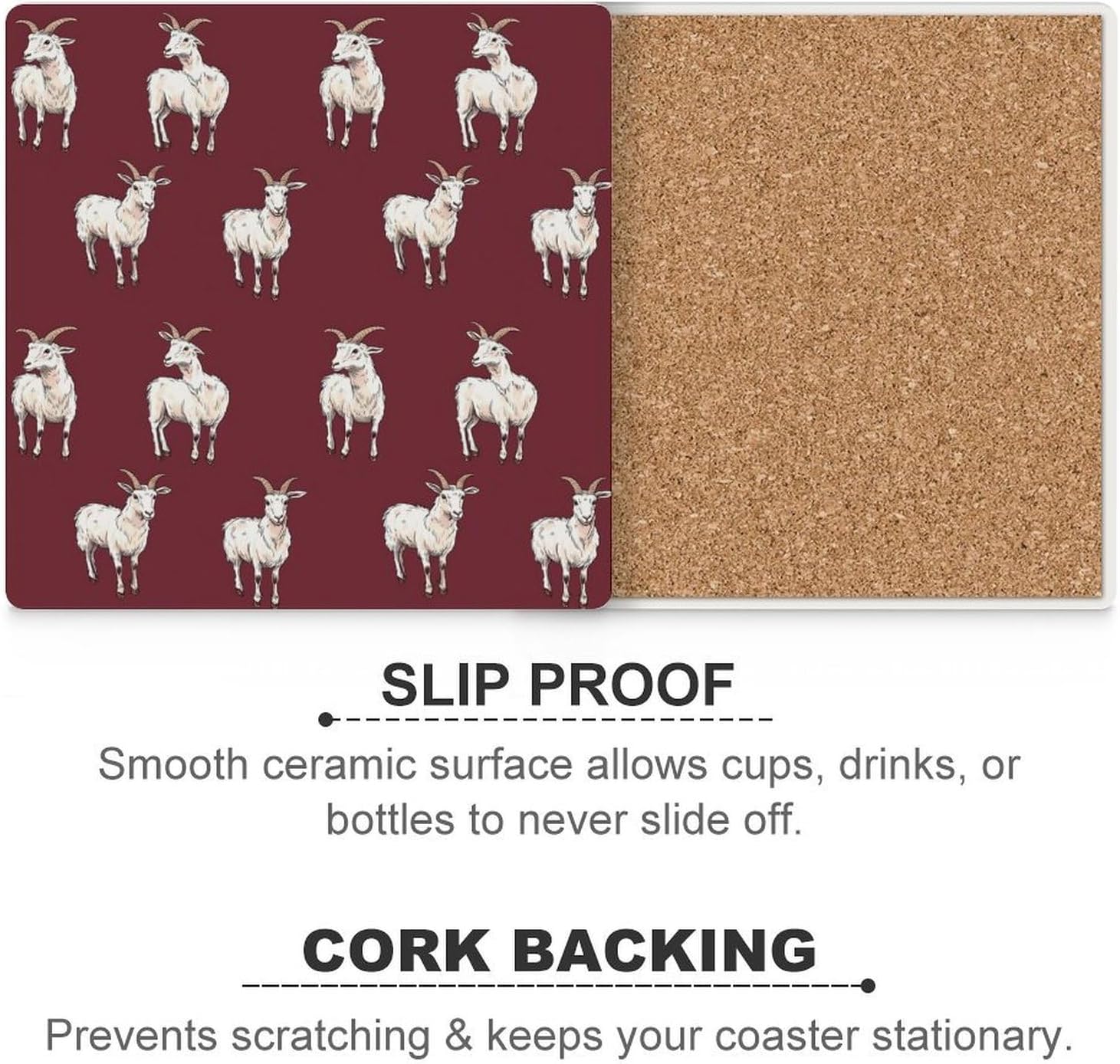 Goat Pattern Funny Ceramic Coasters for Drinks Absorbent Cup Holder Tabletop Protector with Cork Base