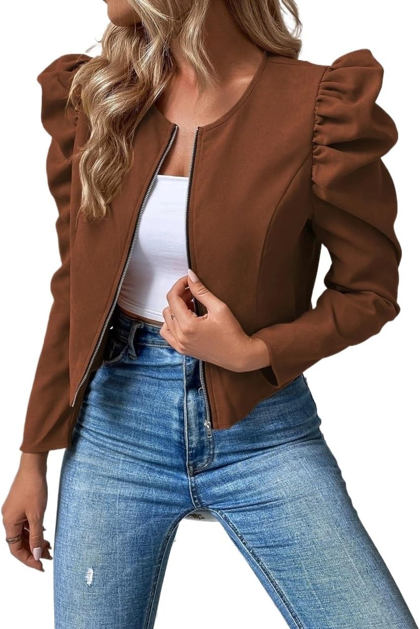 Women's Trench Coat Round Neck Leg-of-mutton Sleeve Zipper Up Jacket Classic Overcoat