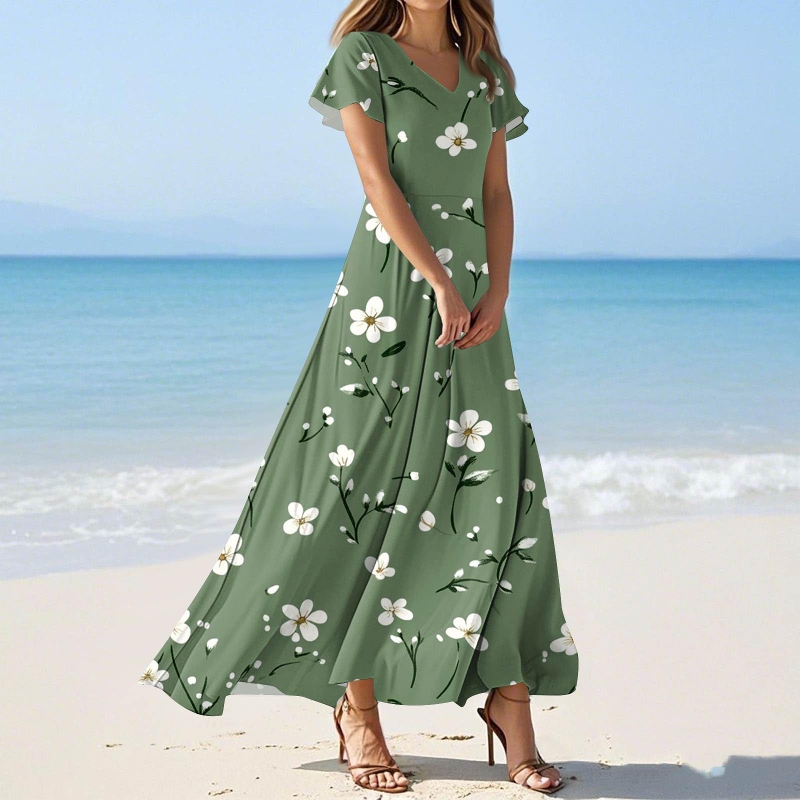 Sommerkleid Damen Lang Chiffon Geblümt Maxikleid Elegant Italienische Kleider Maxi A Linie Sommerkleider Leicht Und Luftig Chiffonkleid Frauen Sommer Blumen V Ausschnitt Kleid Flatterärmel