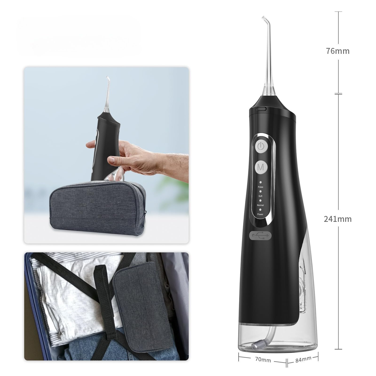 Oryzom Hydropulseur sans fil pour un soin dentaire & buccal optimal 5 modes & 4 embouts Réservoir de 300 ml Étanchéité IPX7 Jet dentaire pour gencives (Noir)
