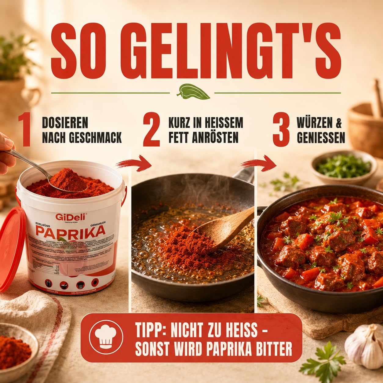 GiDeli Paprika Edelsüß Gemahlen 10kg im Eimer - 100% Paprika ohne Zusätze - Vegan & Glutenfrei - Spanisches Paprikapulver & Pimentón - Mildes Aroma - Rotes Gewürzpulver - Ideal für Gulasch & Pasta
