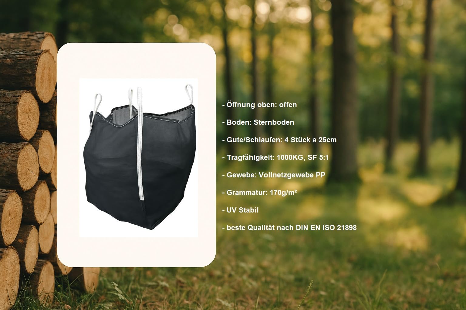 Woodbag Holz Big Bag Netzgewebe mit Sternboden 100x100x100/120/140/160cm für Brennholz (ohne Inhalt) (10, 100 x 100 x 120 cm)